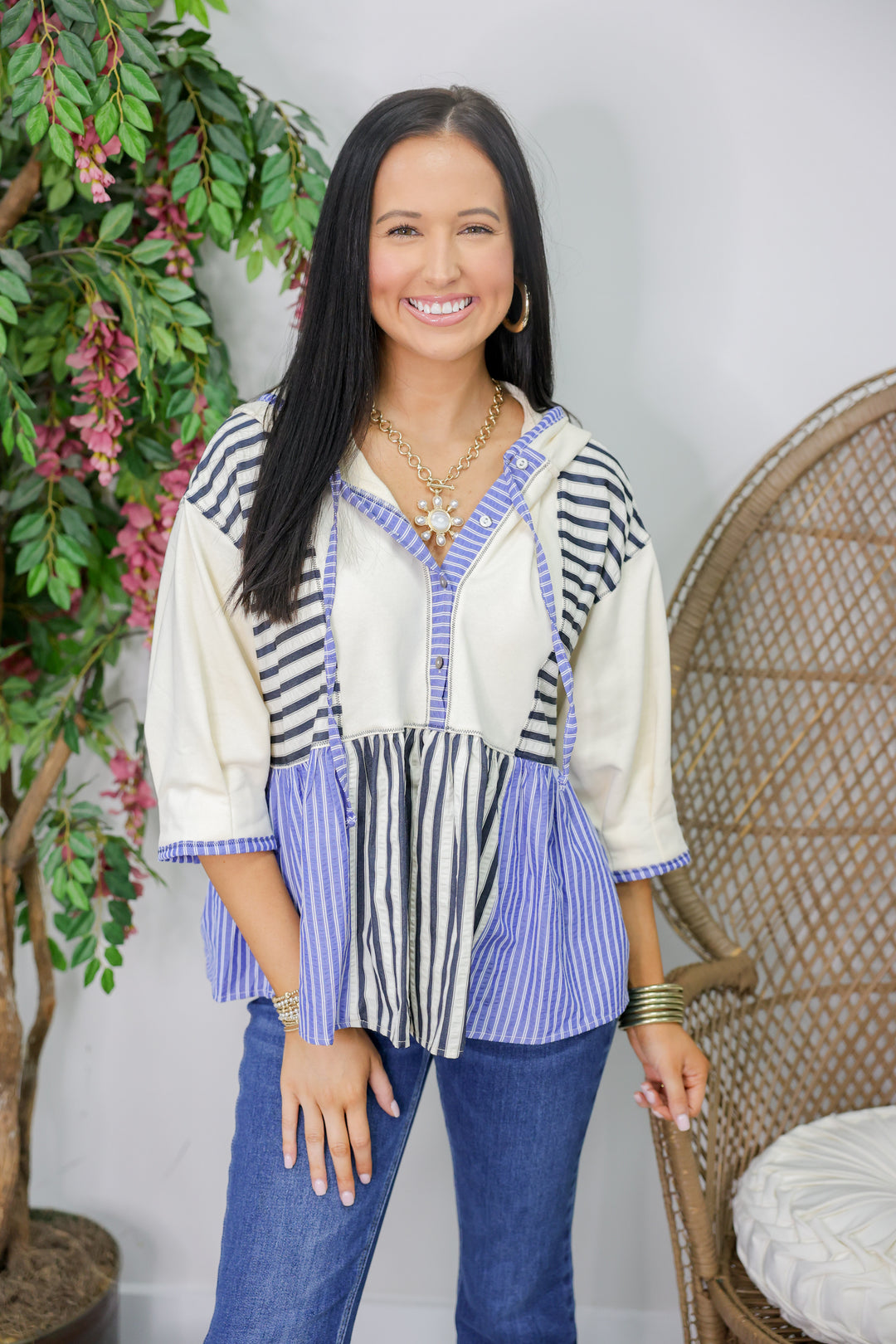 Striped 3/4 Sleeve Peplum Hoodie Top "Navy"