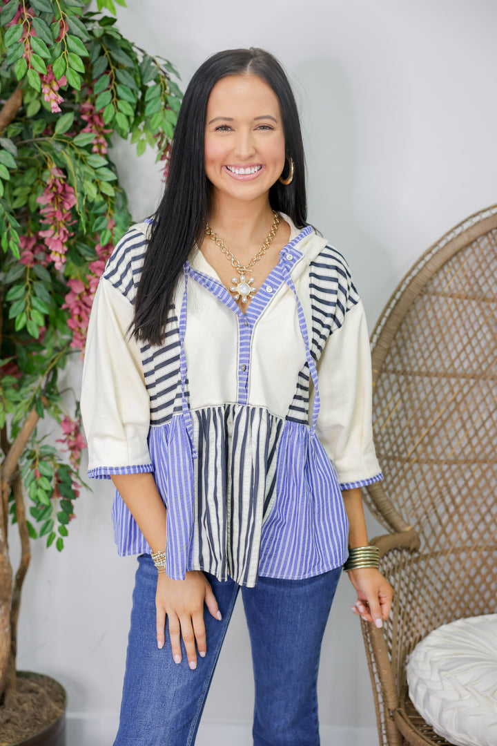 Striped 3/4 Sleeve Peplum Hoodie Top "Navy"