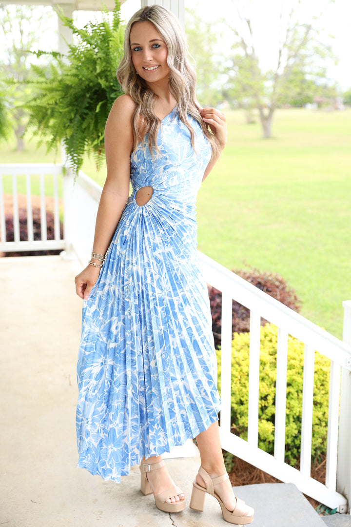 Blue Skies & Blooms Pleated Midi Dress
