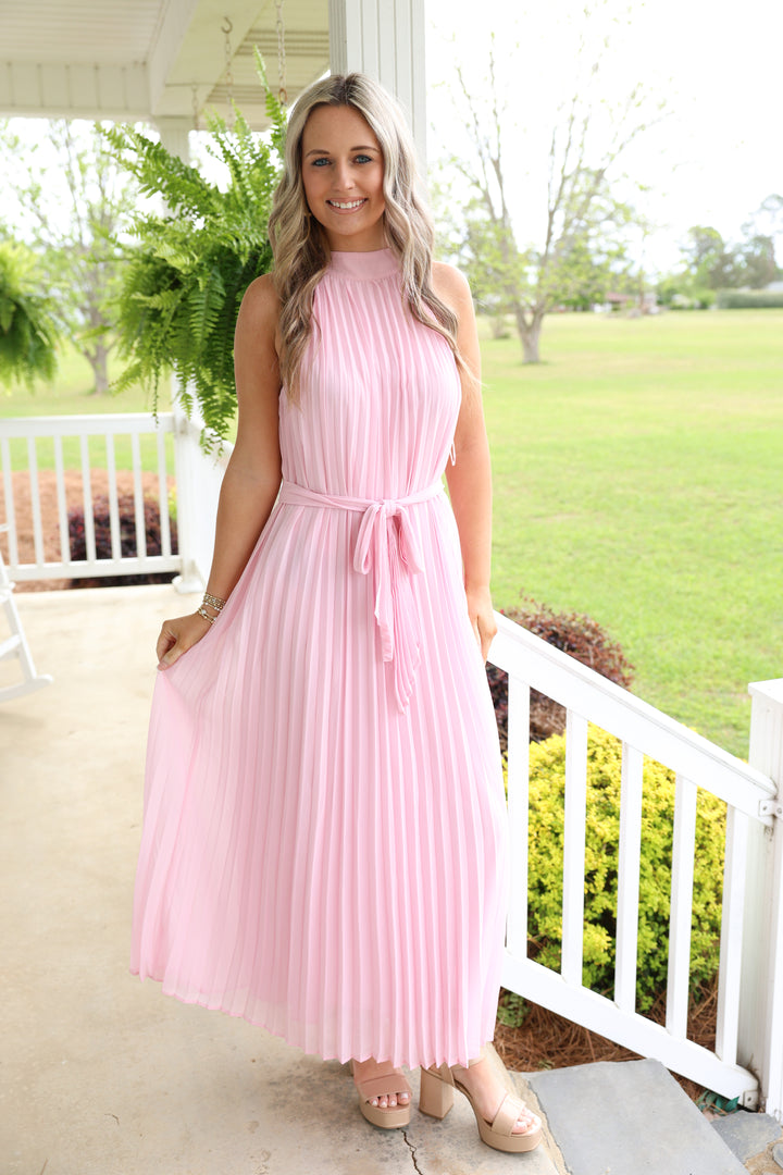 Pink Pleated Midi Dress