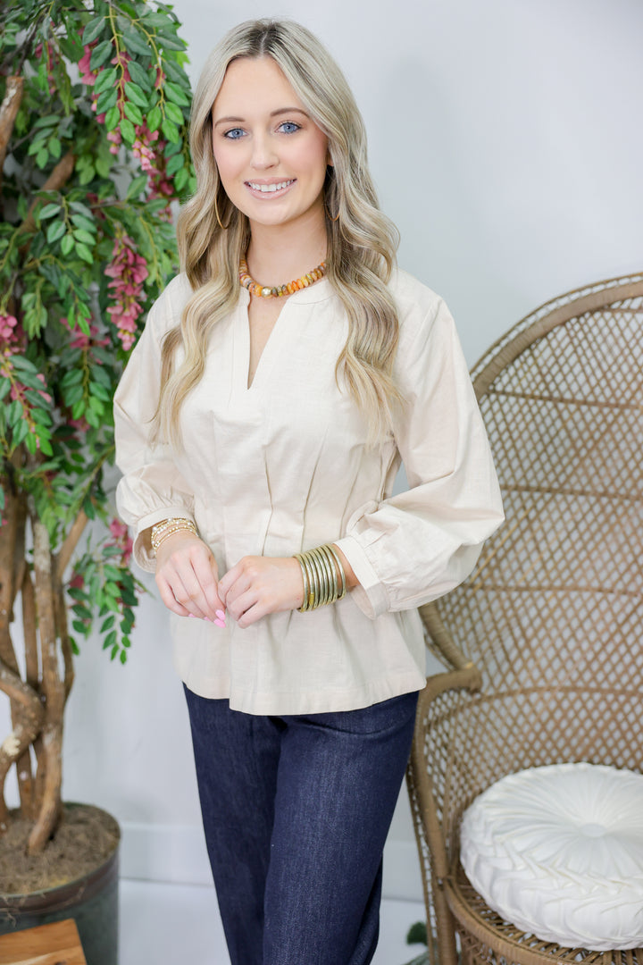Pintuck Waist Solid V-Neck Top "Ecru"