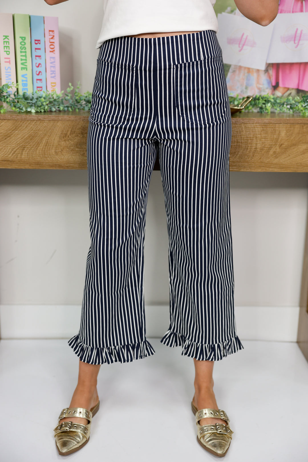 Striped Ruffled Hem Straight Leg Pants "Navy"