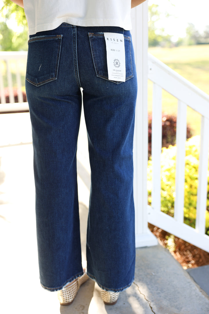 Risen - TC 4-Way Stretch High Rise Crop Wide Jeans "Dark"