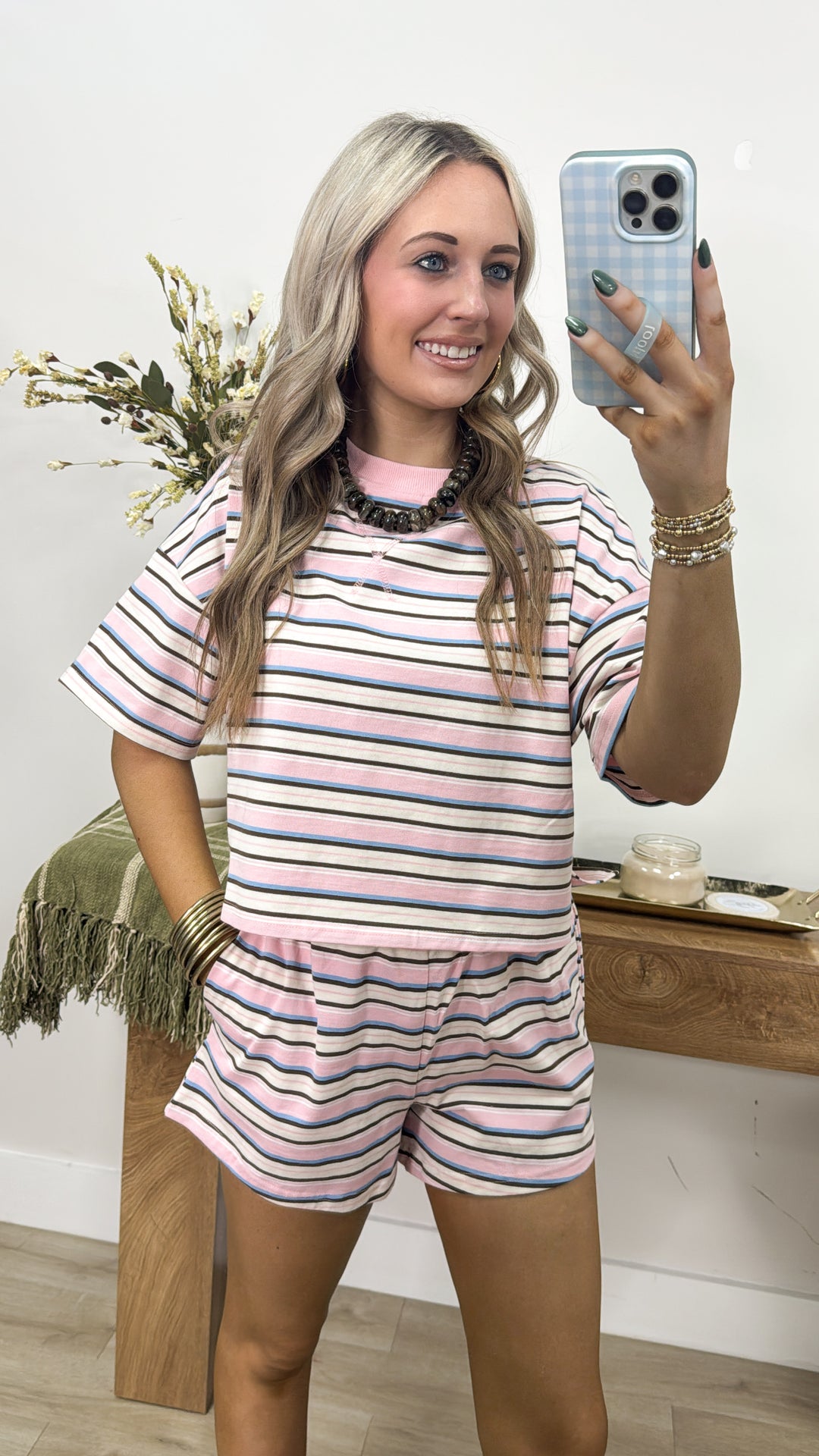 Striped Boxy Sweatshirt Top & Sweat Shorts Set "Pink Multi"