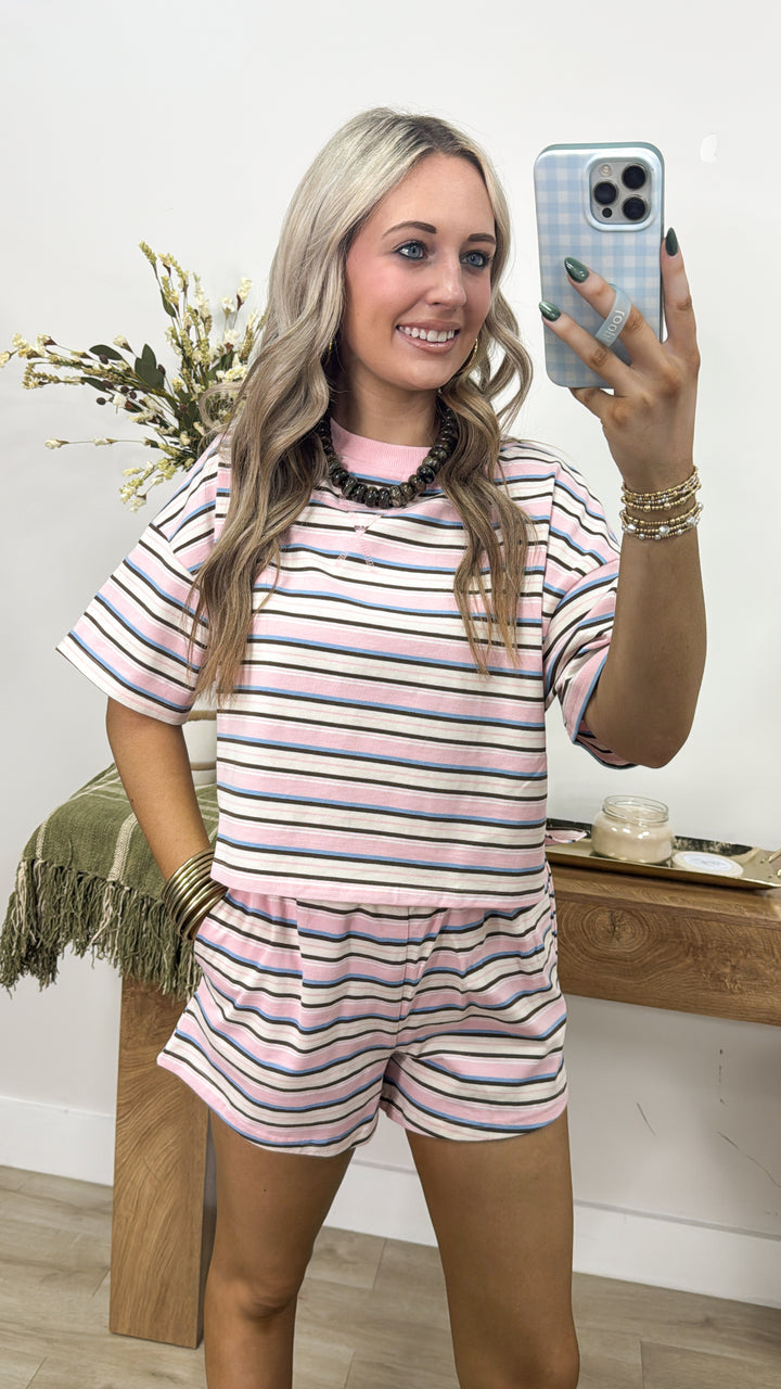 Striped Boxy Sweatshirt Top & Sweat Shorts Set "Pink Multi"