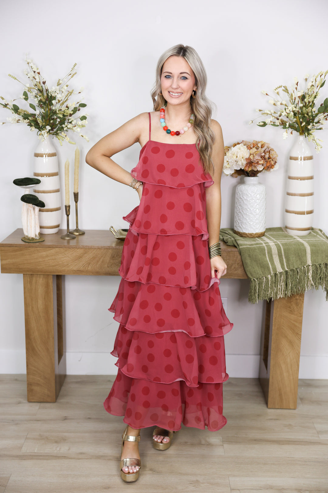 Tiered Polka Dot Maxi Dress "Burgundy"
