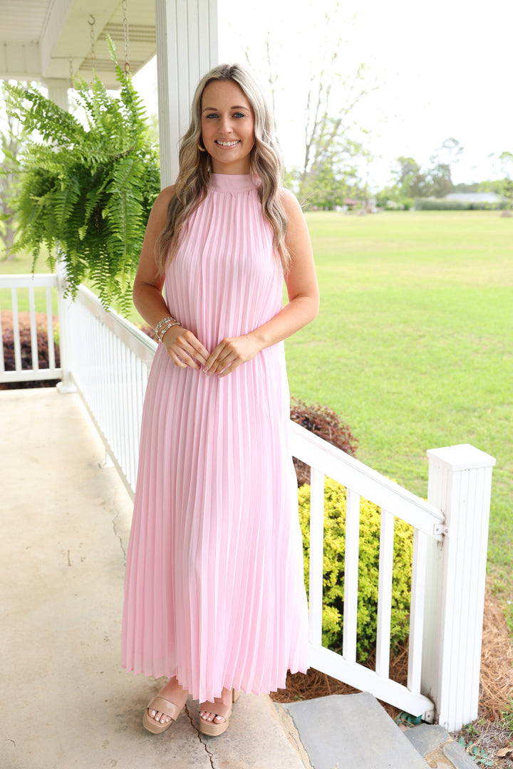 Pink Pleated Midi Dress