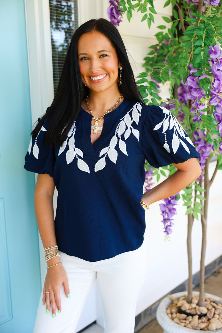 Navy Embroidered Top