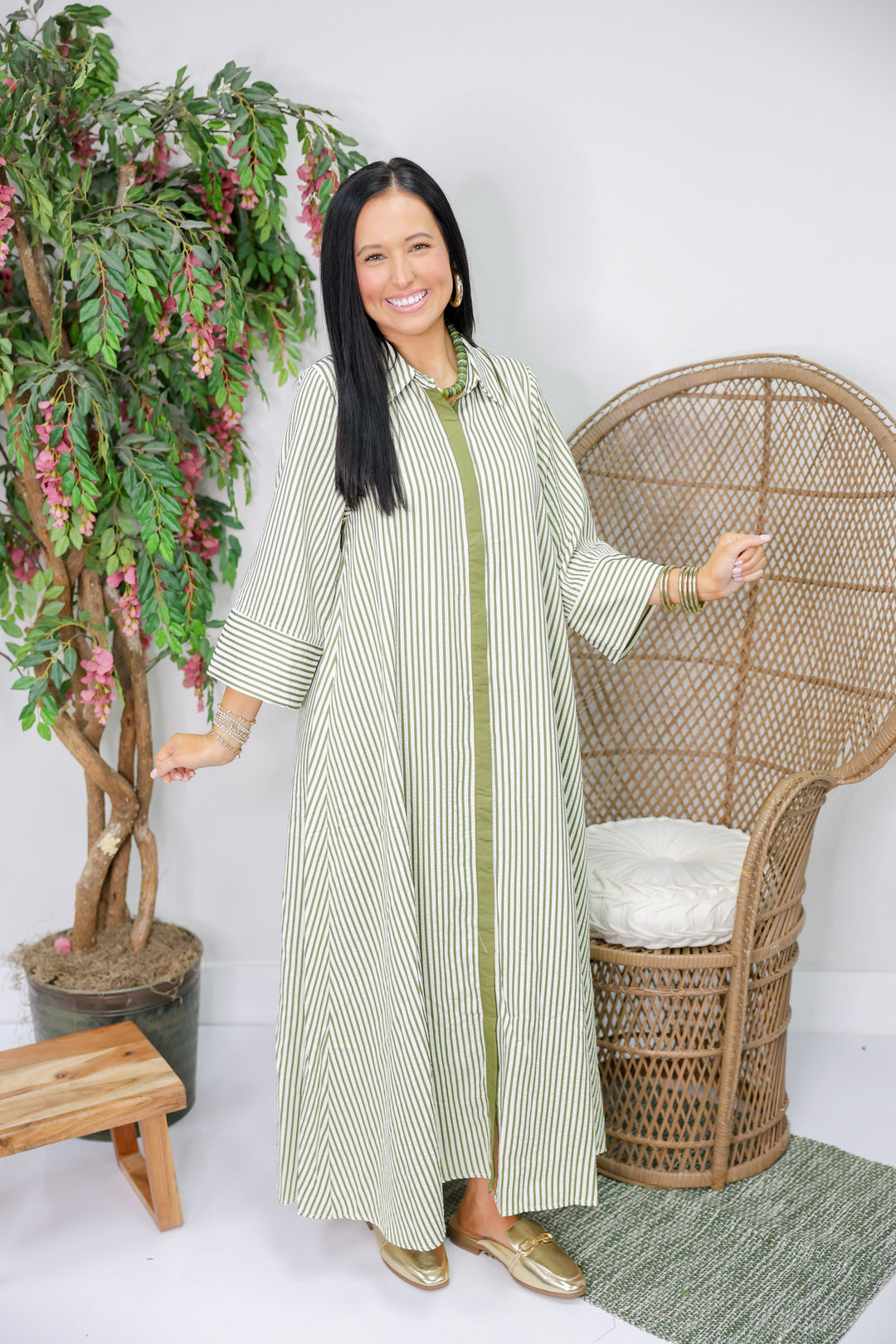 Sarah Striped 3/4 Sleeve Midi Dress "Olive"