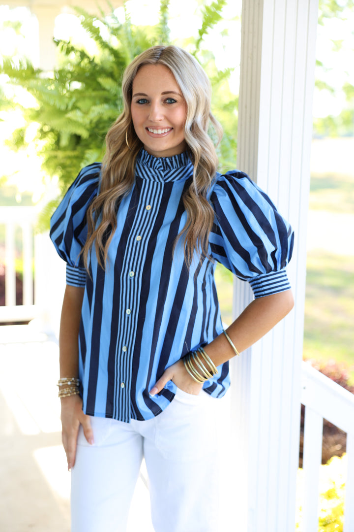 Seaside Striped Print Short Puff Sleeve Top "Navy"