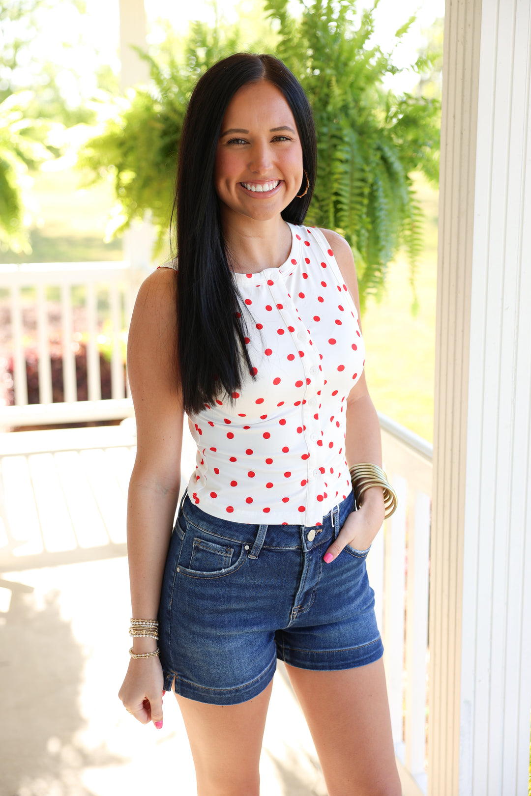 Sleeveless Round Neck Button Down Polka Dot Top "White/Red"