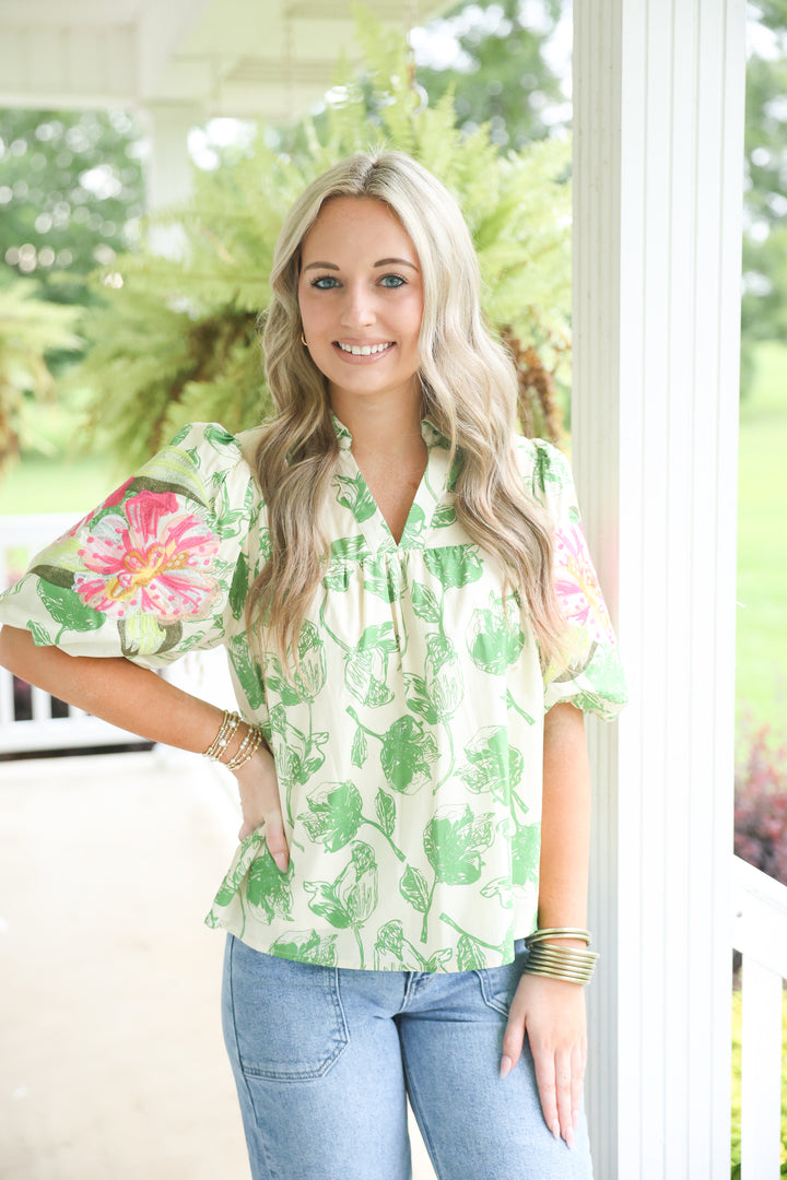 Lovely Leaf Print Embroidered Top