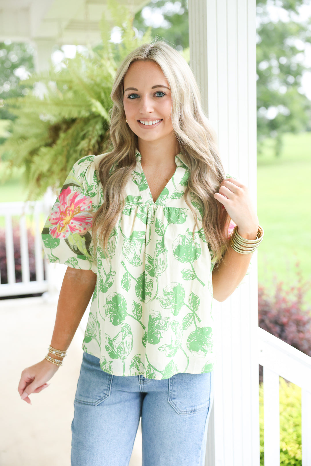 Lovely Leaf Print Embroidered Top