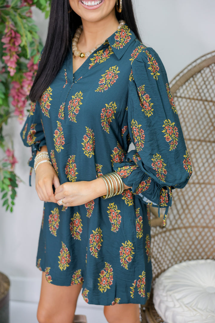 Allie Floral Print Puff Sleeve Mini Dress "H Green"