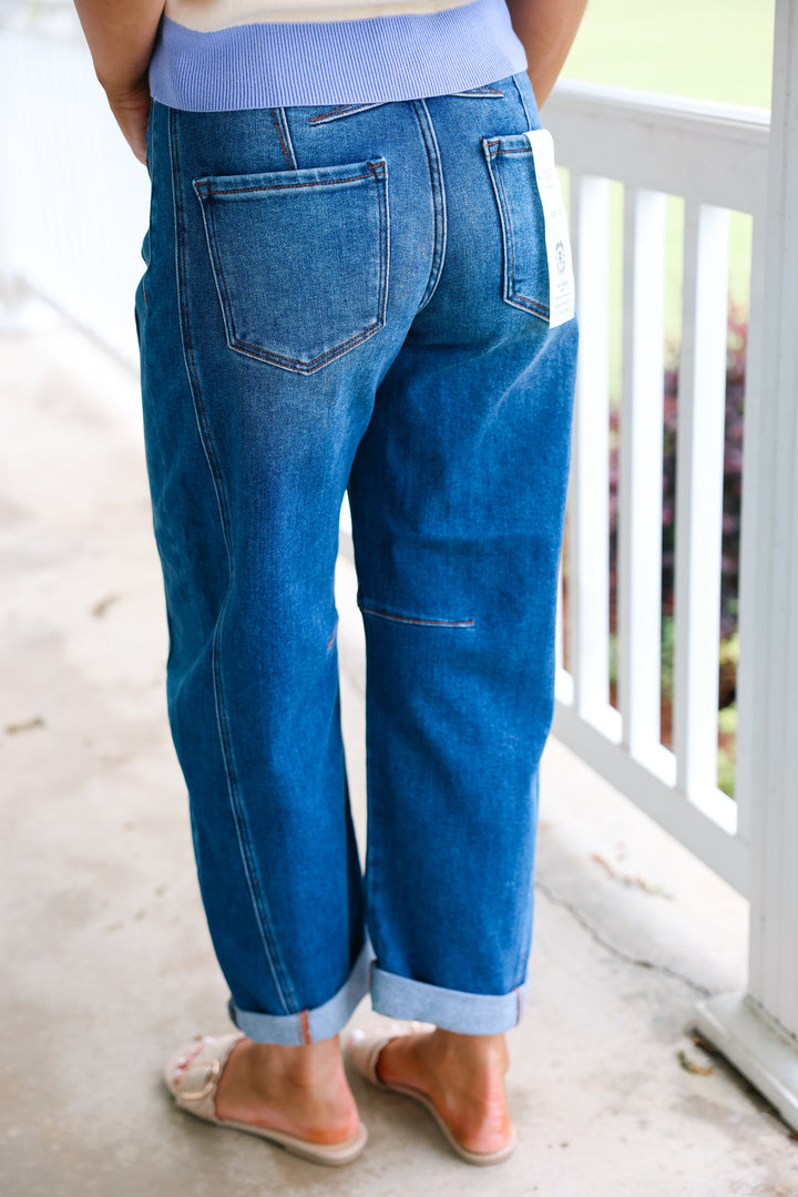 Risen - High Rise Boyfriend Cuffed Barrel Jeans "Dark Denim"