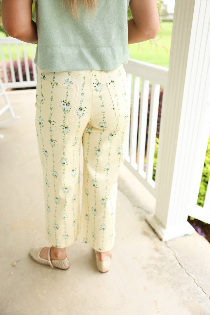 Floral Print Wide Leg Pants "Lemon"