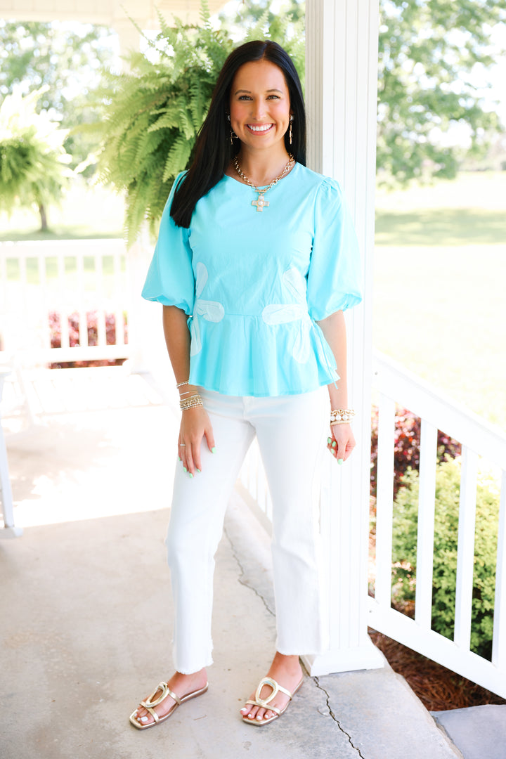 Floral Colorblock Poplin Top "Aqua Blue"