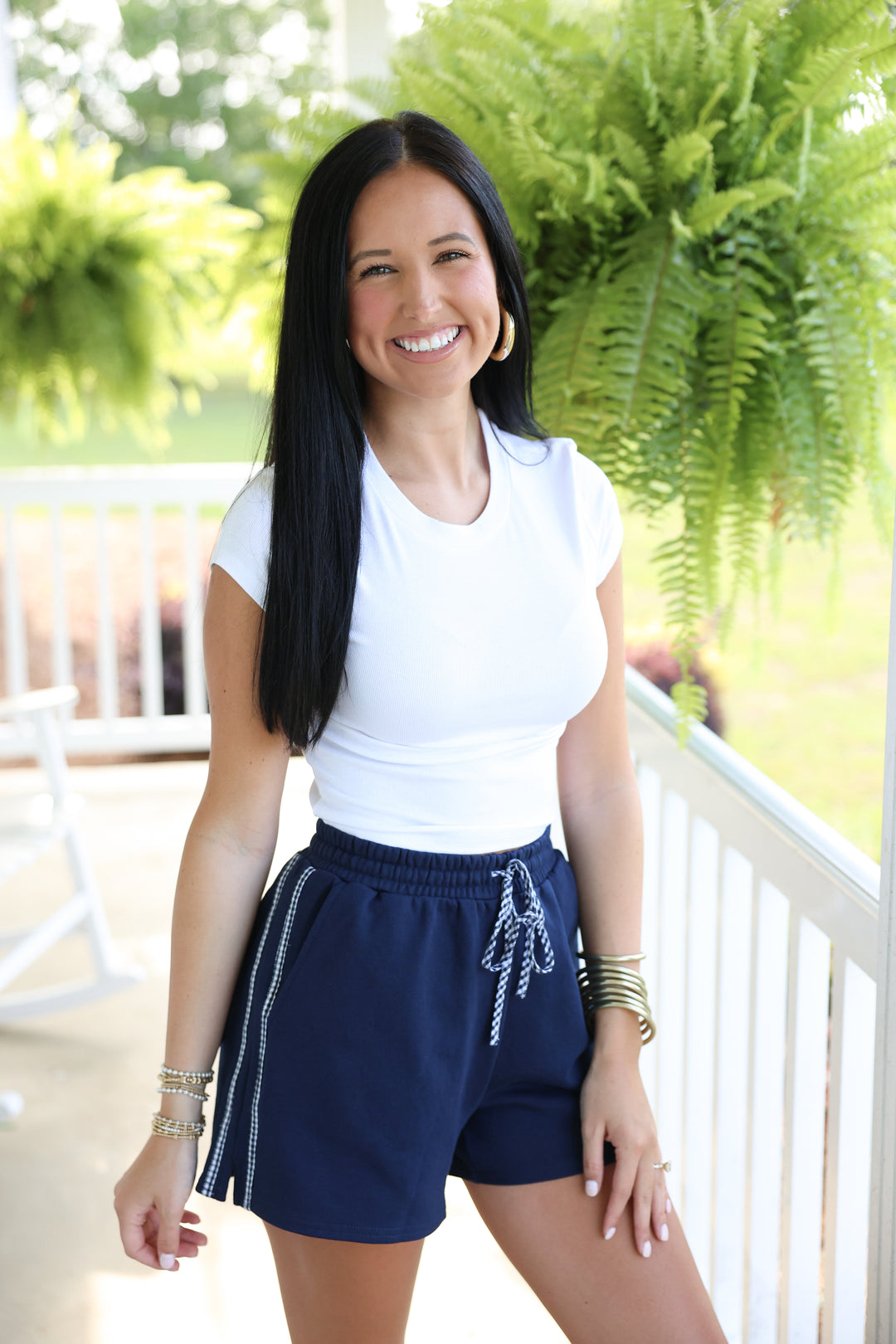 High Waist Gingham Contrast Sweatshorts "Navy"