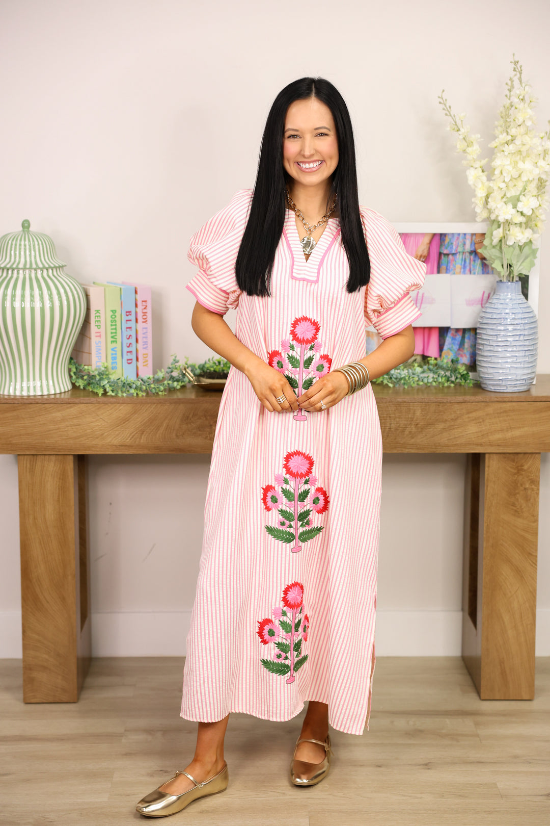 Sunday Stroll Stripe Floral Embroidery Dress "Pink"