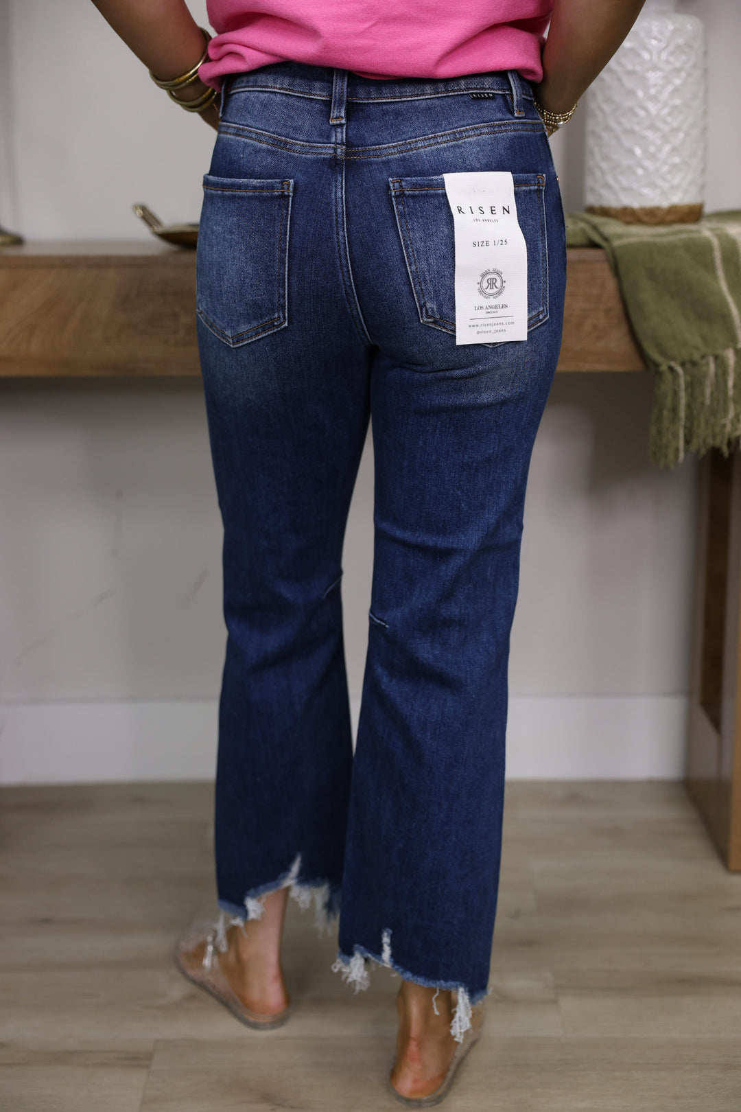 Risen - High Rise Crop Straight Distressed Hem Jeans "Dark"