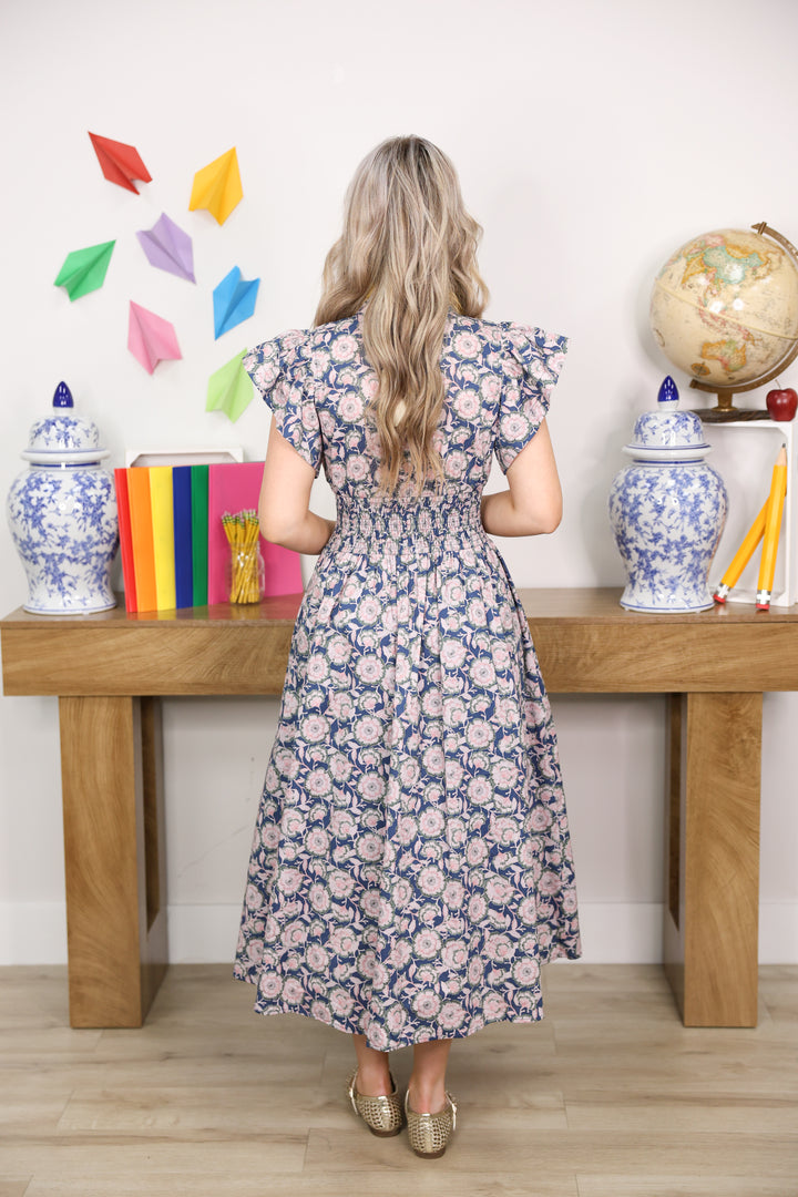 Vintage Petals Midi Dress "Navy"