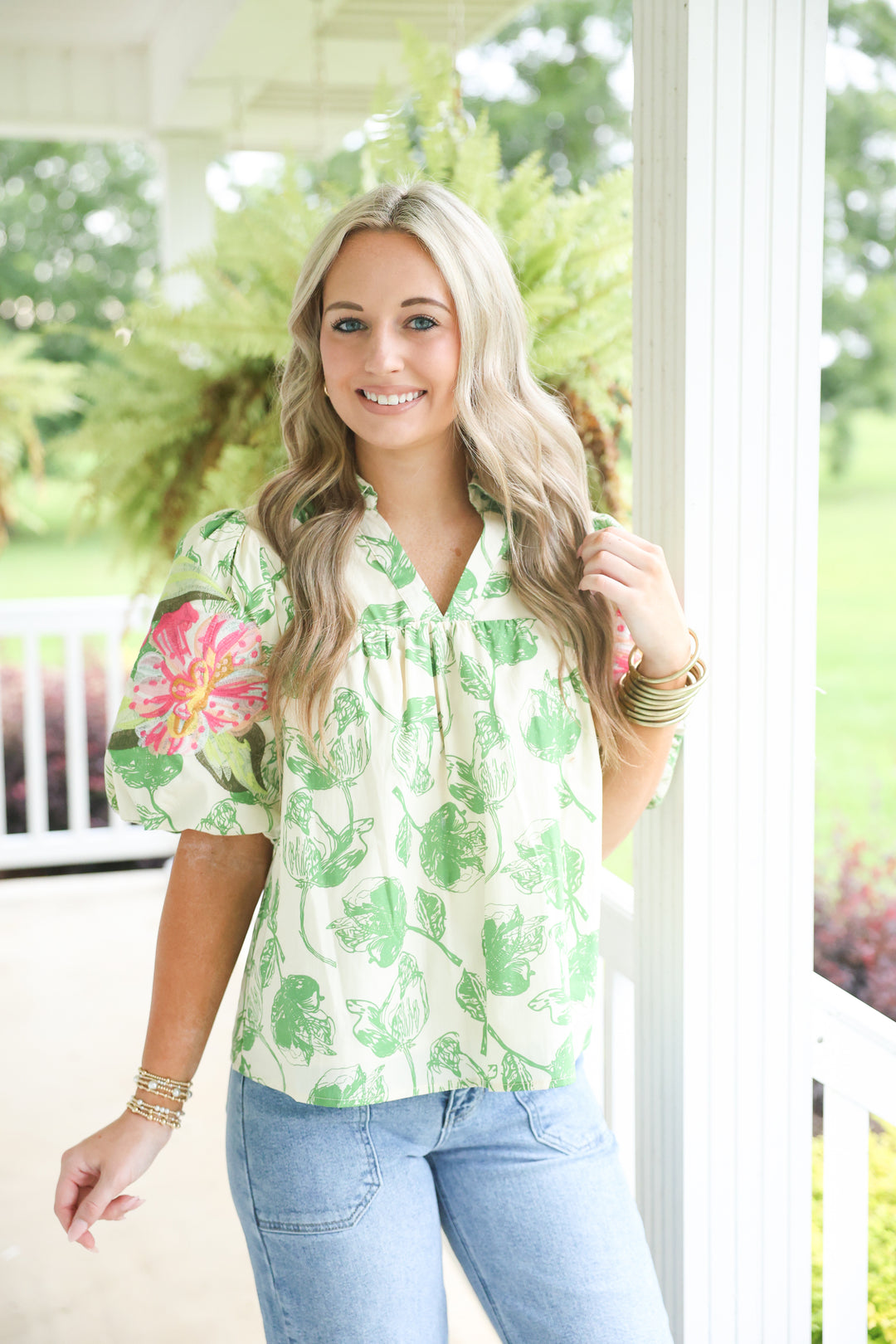 Lovely Leaf Print Embroidered Top