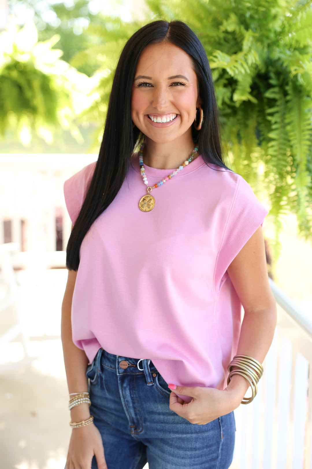 Solid Cap Sleeve Crew Neck Top "LT Pink"