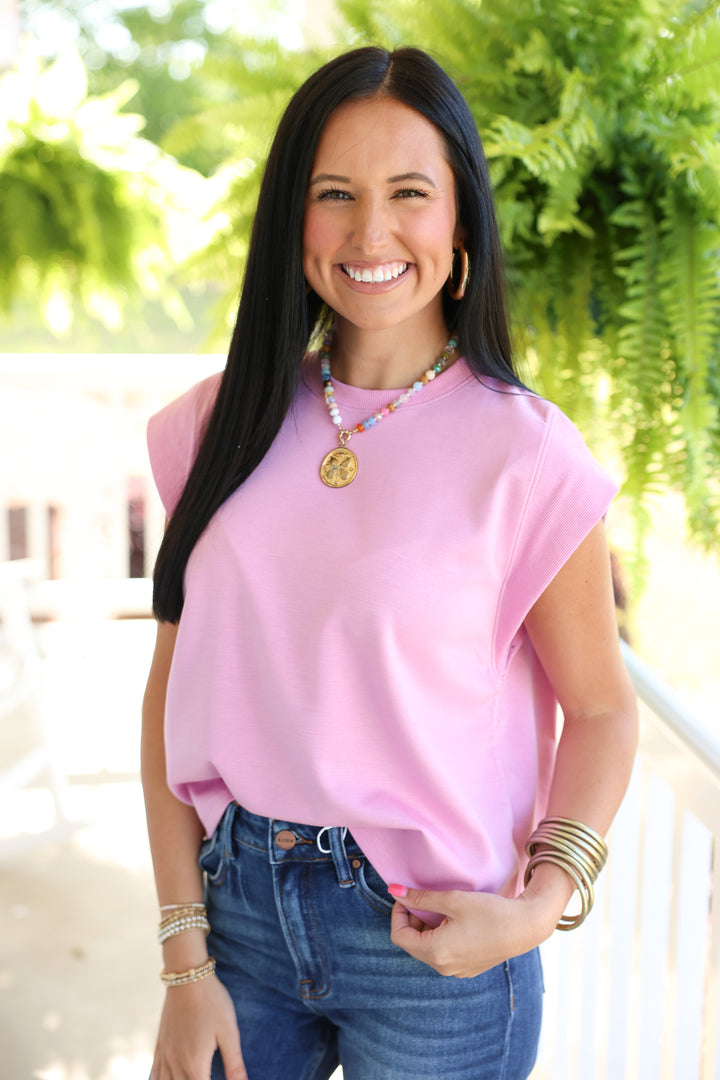 Solid Cap Sleeve Crew Neck Top "LT Pink"