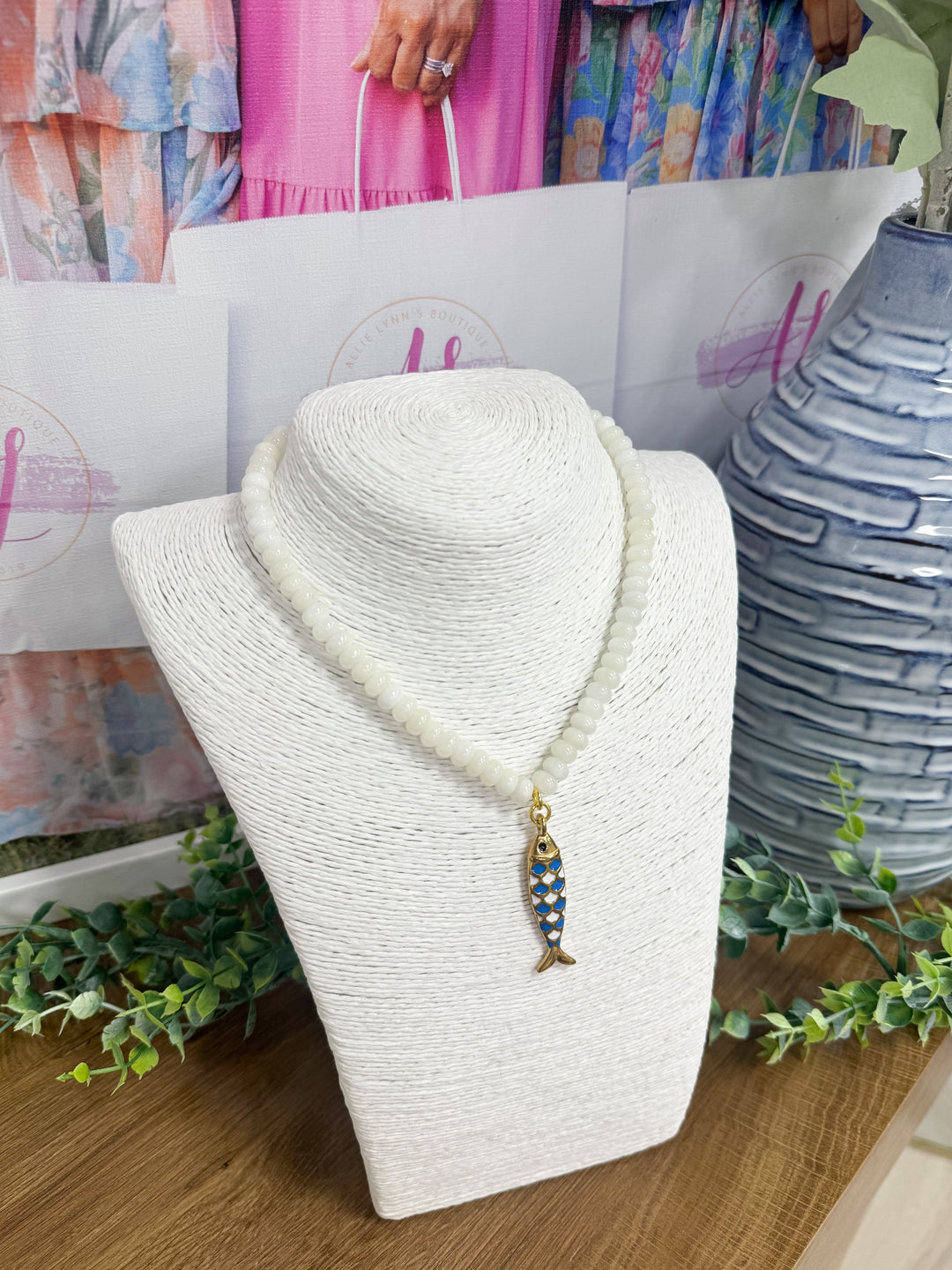 Hart Designs Jewelry - Cream Beaded Necklace "Blue/White Fish Charm"