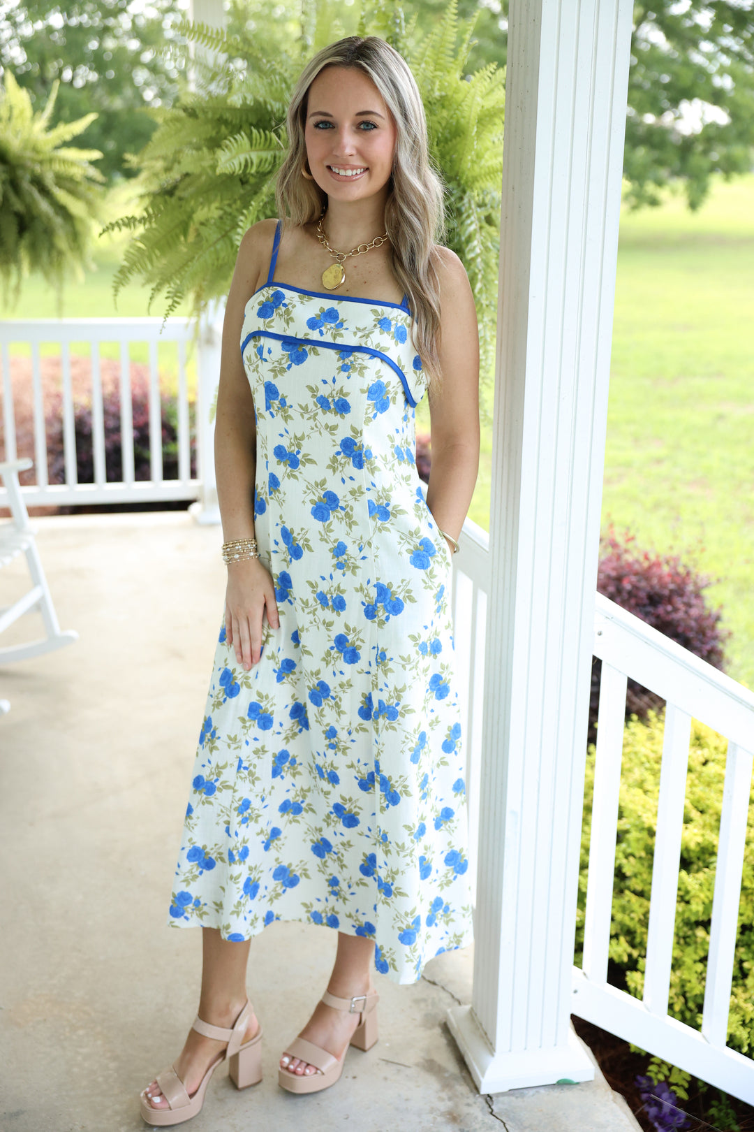 Floral Print Sleeveless Midi Dress "Ivory Blue"