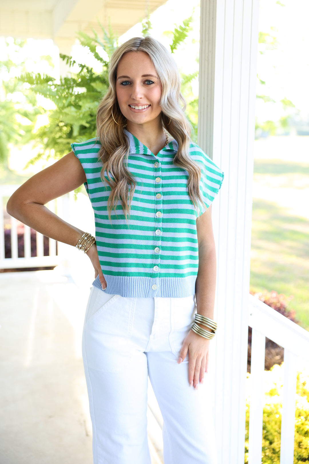 Striped Sleeveless Button Down Top "Blue"