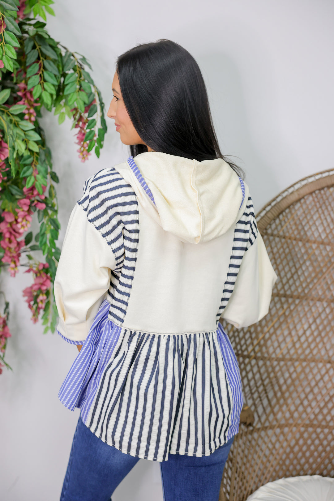 Striped 3/4 Sleeve Peplum Hoodie Top "Navy"