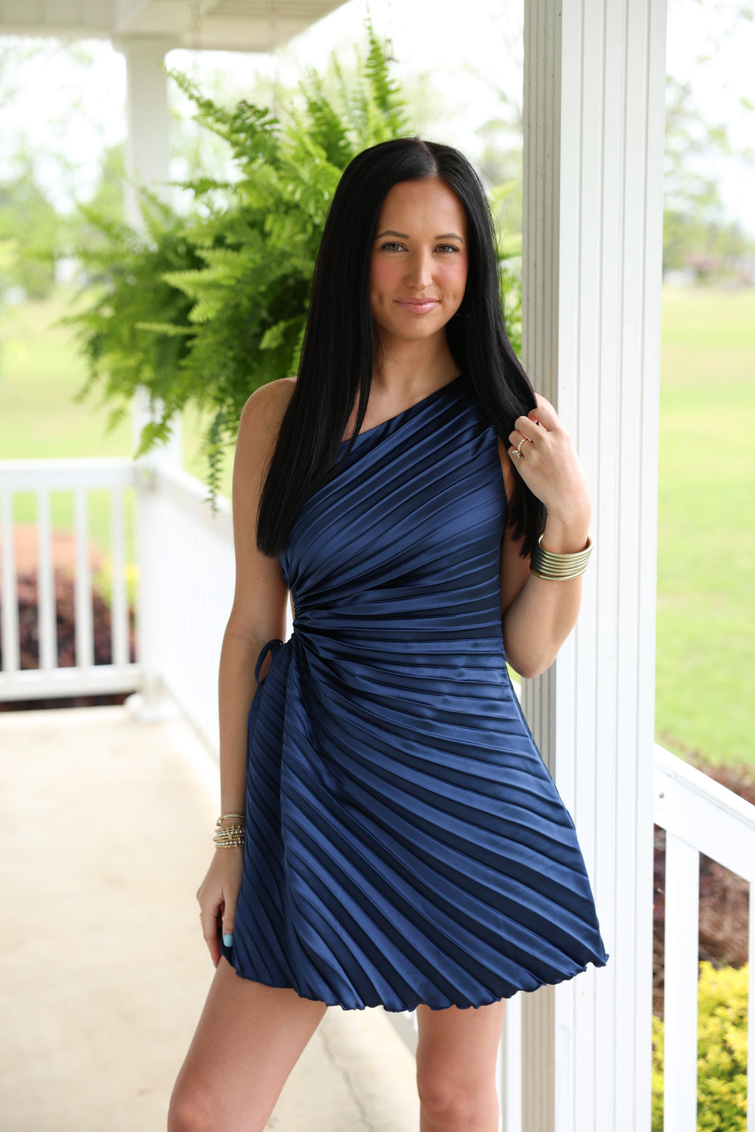 Lena One Shoulder Pleated Mini Dress "DK Navy"