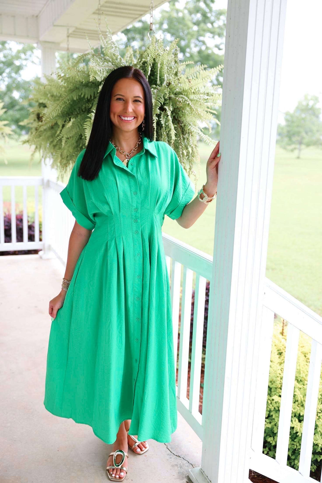 Solid Cuff Short Sleeve Pleated Midi Dress "Green"