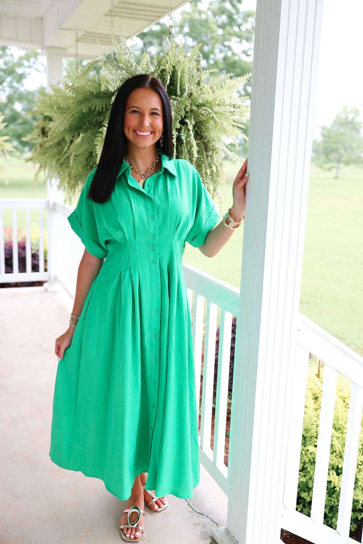 Solid Cuff Short Sleeve Pleated Midi Dress "Green"