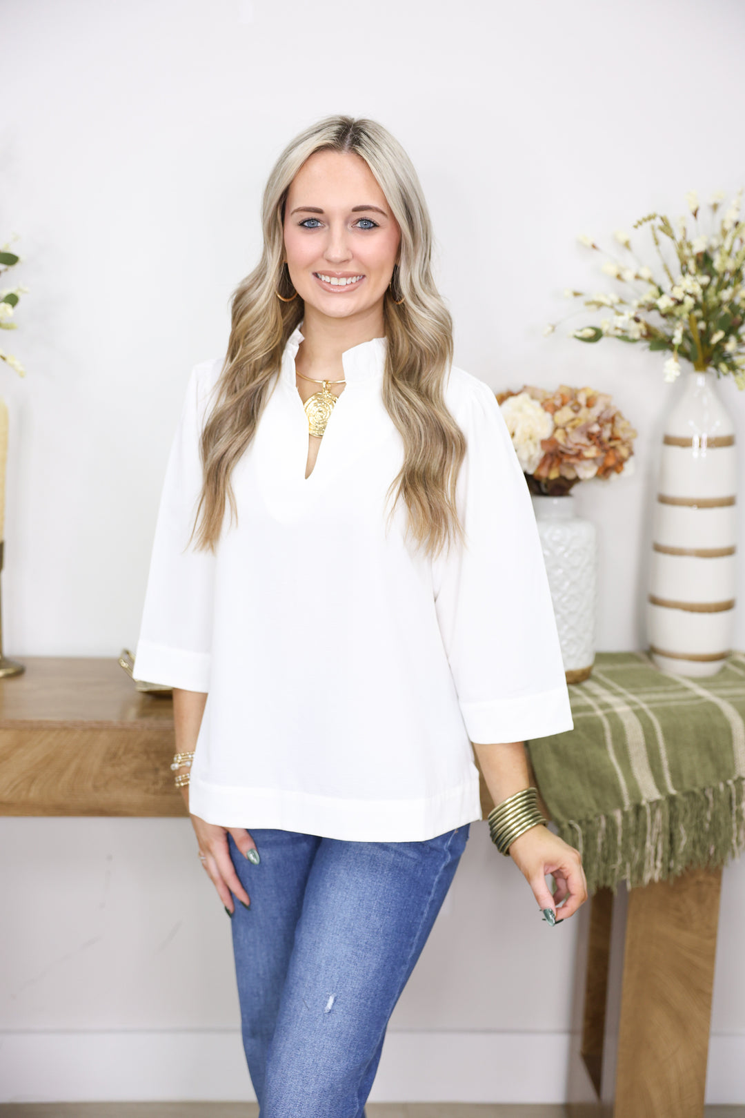 3/4 Sleeves Crinkled Solid Top W/ Ruffled Neckline "Off White"
