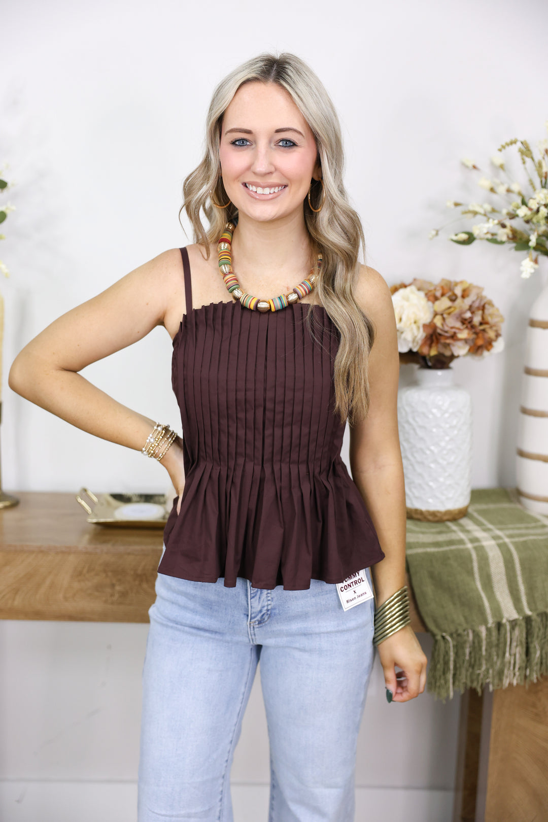 Solid Pleated Cami Top "Brown"