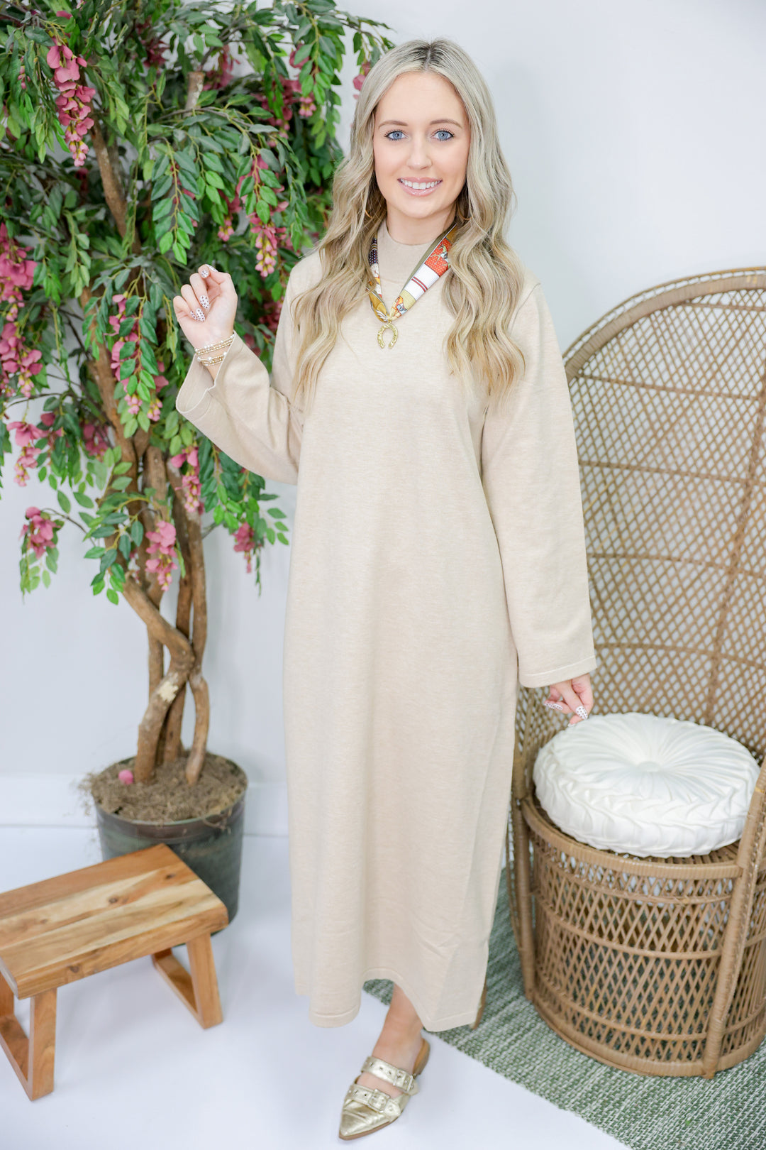 Solid Mock Neck Long Sleeve Midi Dress "Sand"