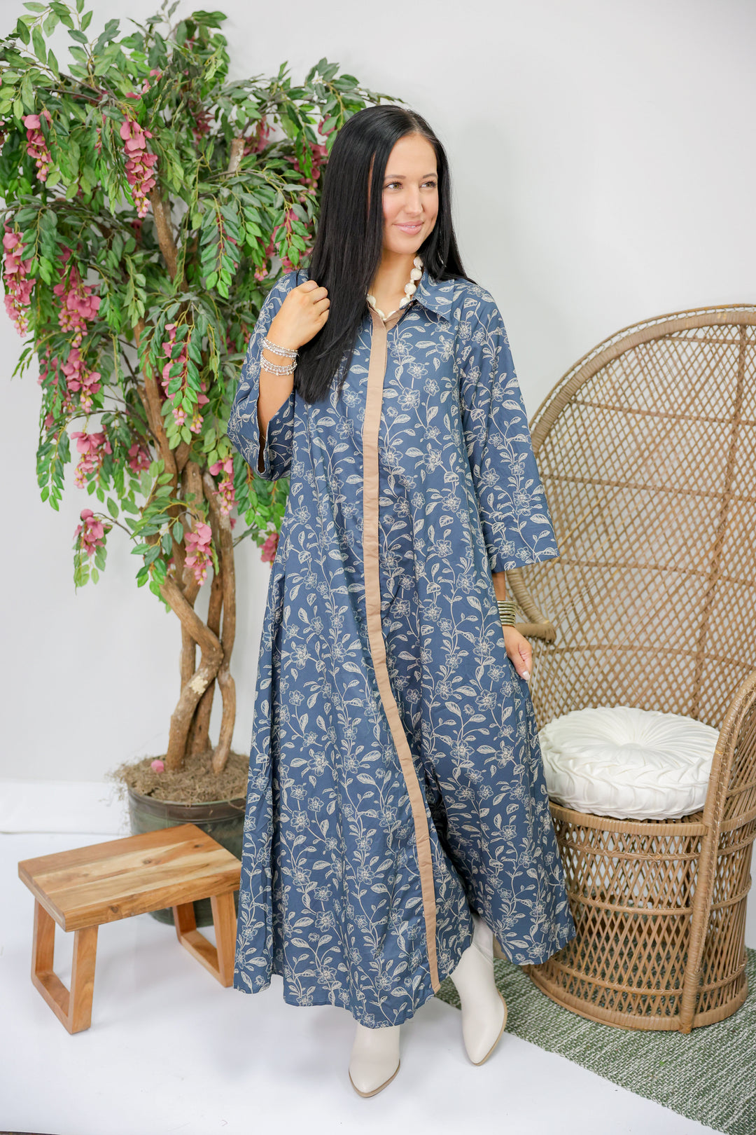 Floral Print 3/4 Sleeve Midi Dress "Dk Navy"