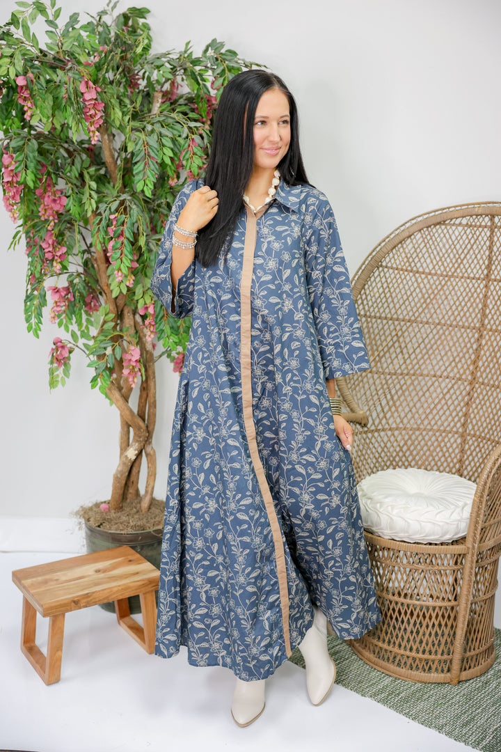 Floral Print 3/4 Sleeve Midi Dress "Dk Navy"