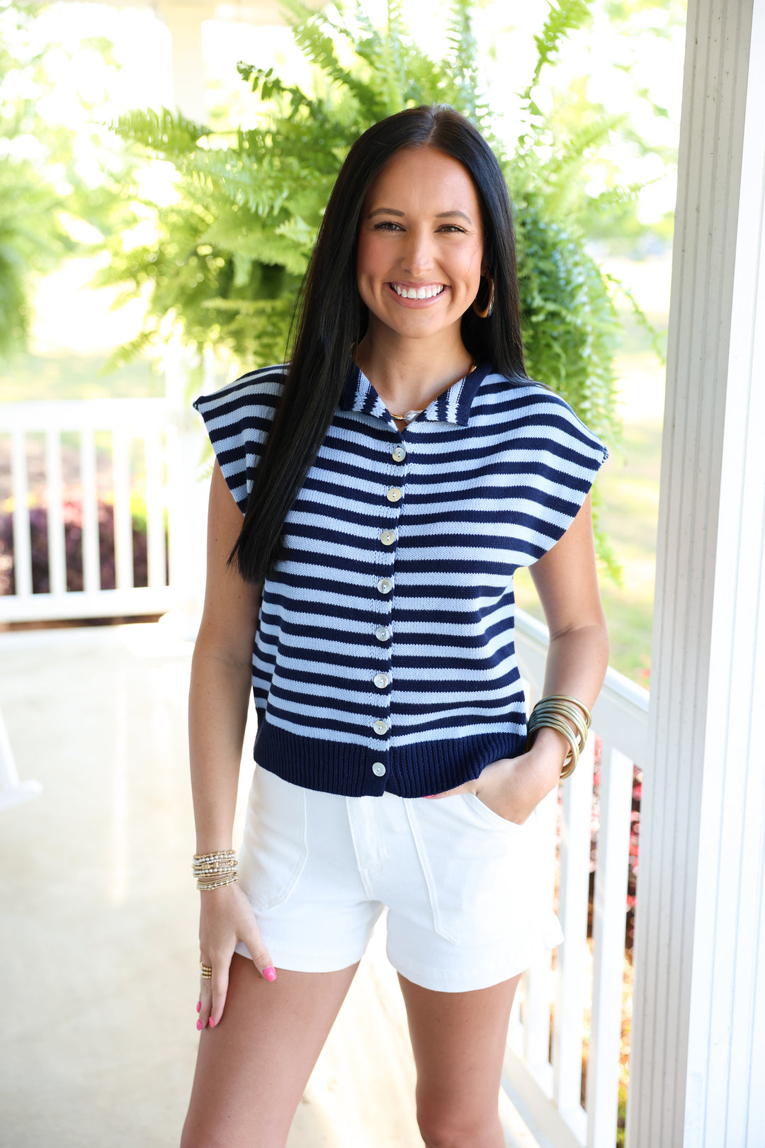 Striped Sleeveless Button Down Top "Navy"