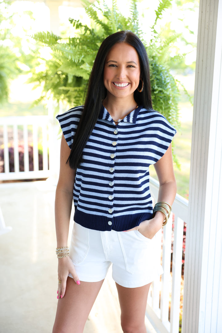 Striped Sleeveless Button Down Top "Navy"