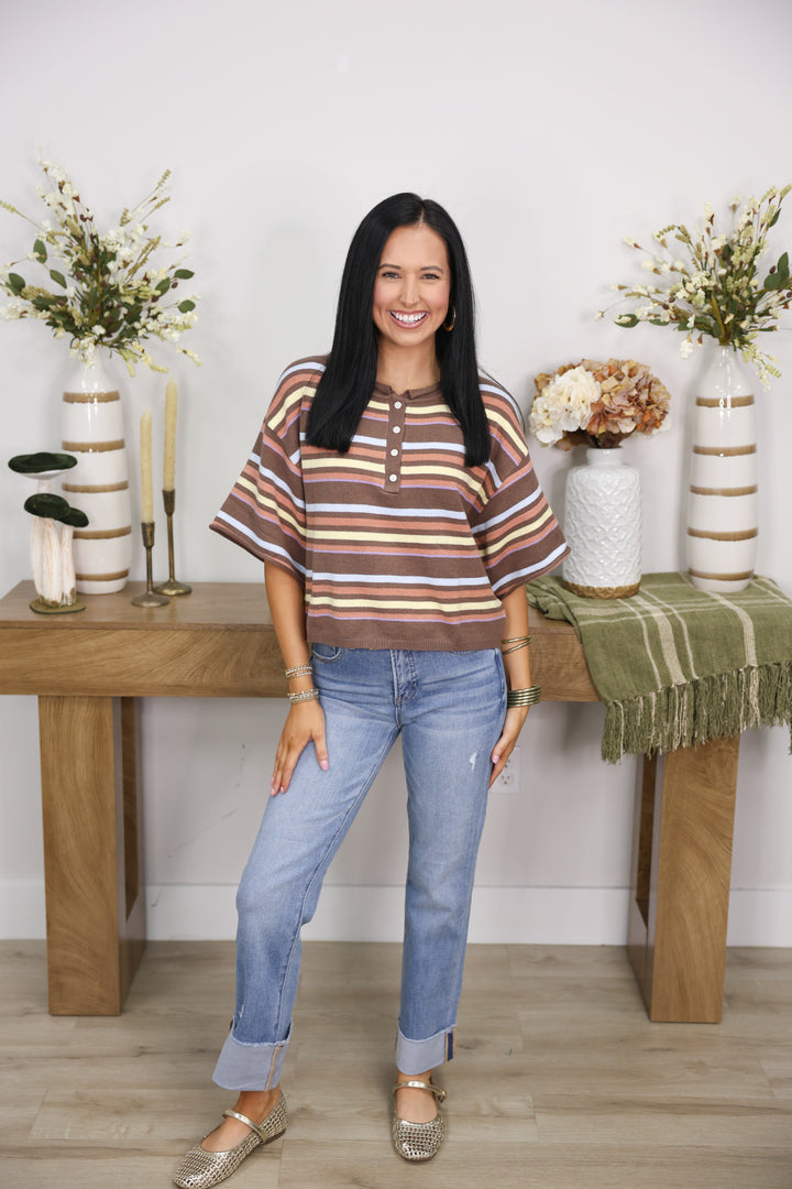 Striped Short Sleeve Sweater Knit Top "Brown Multi"