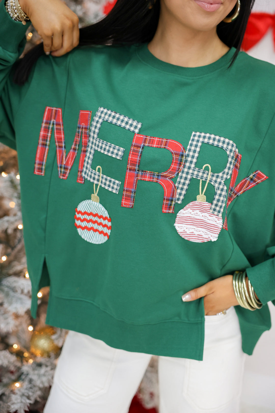 Merry with Ornament Patchwork Oversized Top "Hunter Green"