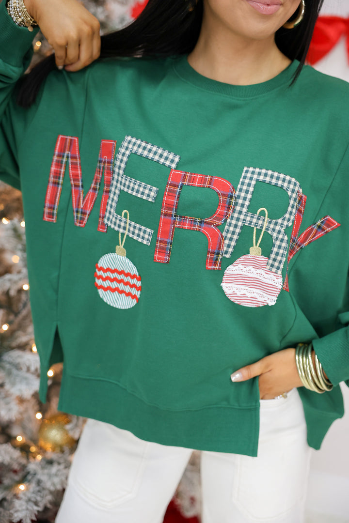 Merry with Ornament Patchwork Oversized Top "Hunter Green"