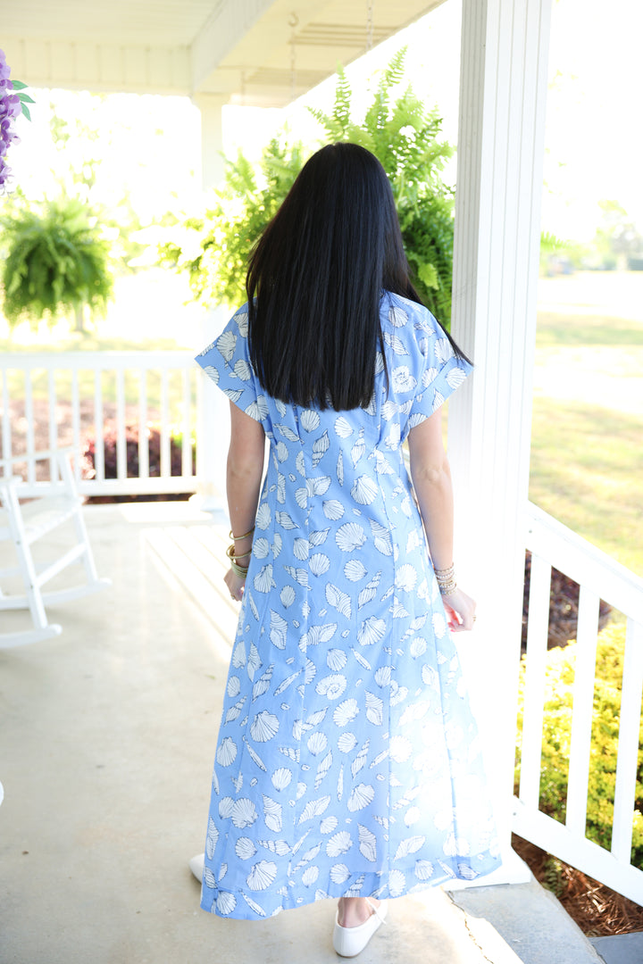 Shell Print Short Sleeve Midi Dress "Blue"