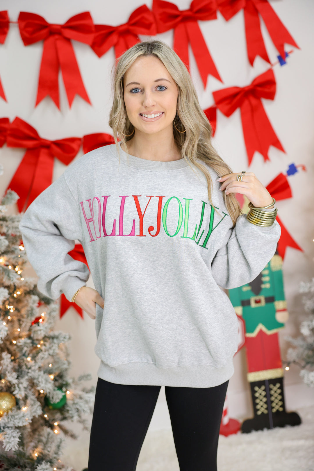 'Holly Jolly' Embroidery Letter Fleece Terry Sweatshirt "H Grey"