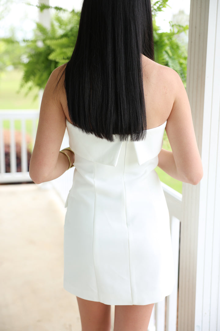 Strapless Collared Tailored Bodycon Mini Dress "White"
