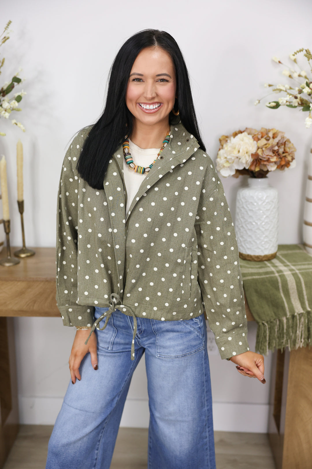 Polka dot Collared Long Sleeve Jacket "Olive"