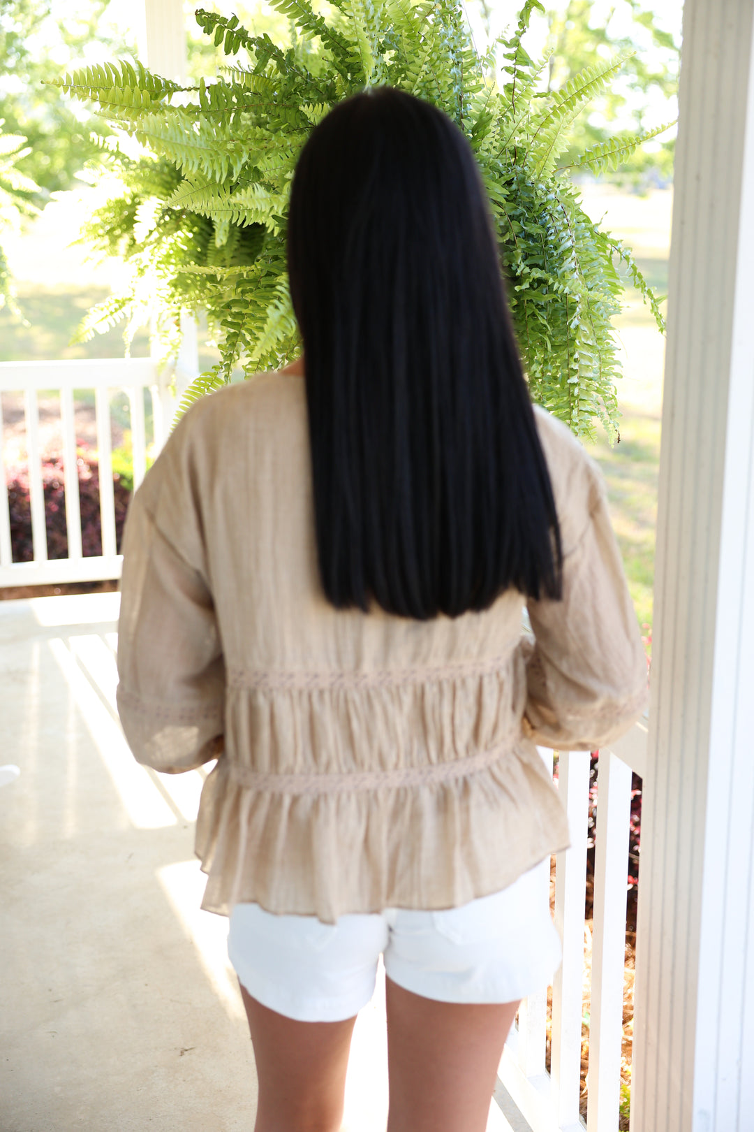 V Ruffle Neck Blouse "LT Taupe"